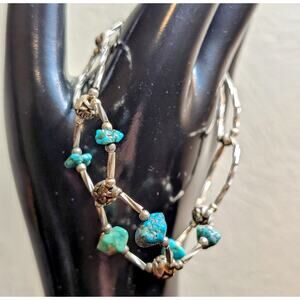 Vintage 70s Twisted Liquid Silver Turquoise Bead Barrel Clasp Bracelet